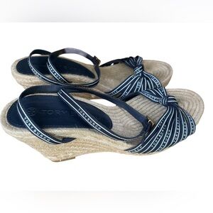 Tory Burch Ribbon Blue and Tan Wedge Espadrilles